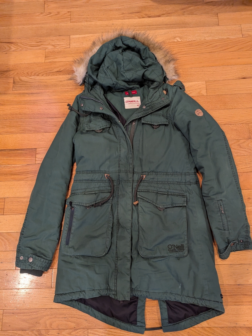 O'Neill Women's Medium Large Forest Green Faux Fur Trim Hooded Parka
